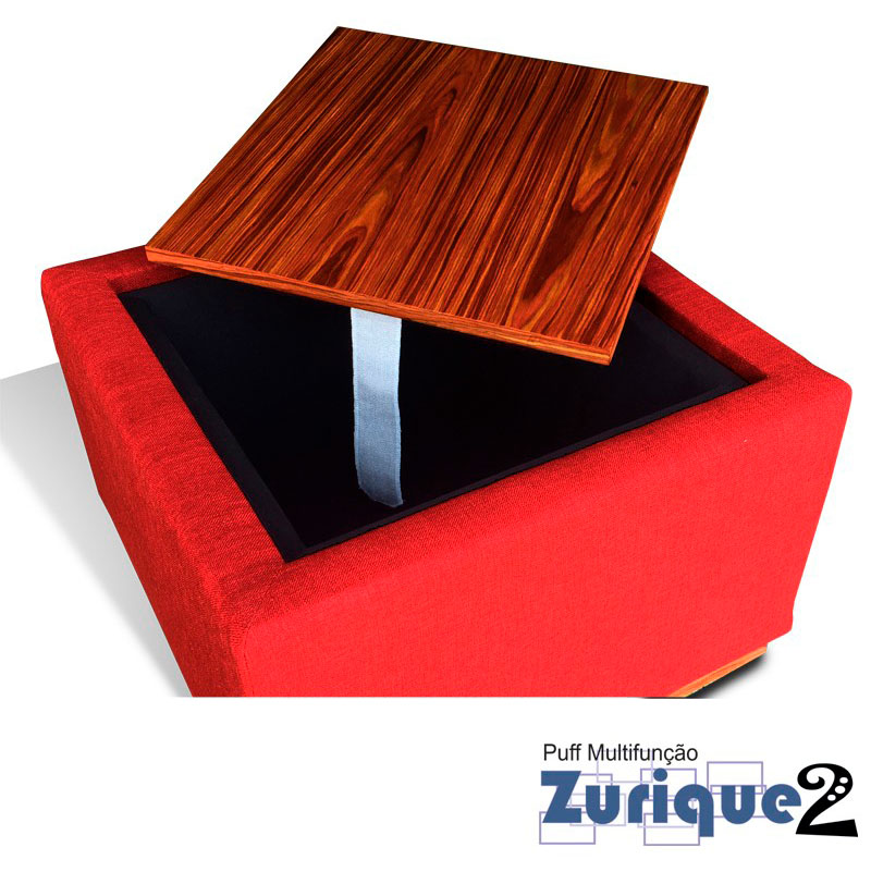 Puff Baú Mesa Zurique 2 Exclusivo CharmeDecor com a tampa lado mesa mostrando o baú